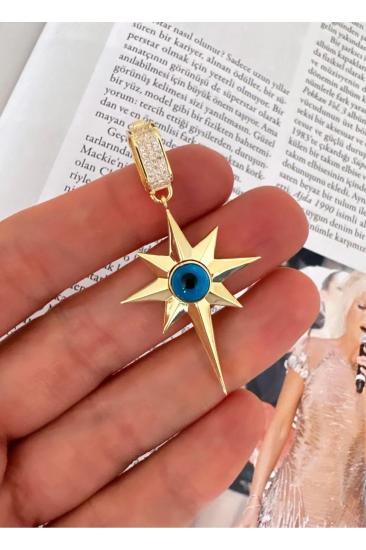 Kuzey Yıldızı Göz Boncuk Detay Altın Tasarım 925 Gümüş Kolye • Çağla Kolye • Serenay • Choker Chain