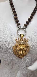 ÇELİK KAHVE RENGİ KAPLAN GÖZÜ TAŞLI SARI RENK ASLAN(LION) KAFASI KOLYE