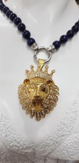 ÇELİK KOYU MAVİ KAPLAN GÖZÜ TAŞLI SARI ASLAN(LION) KAFASI KOLYE
