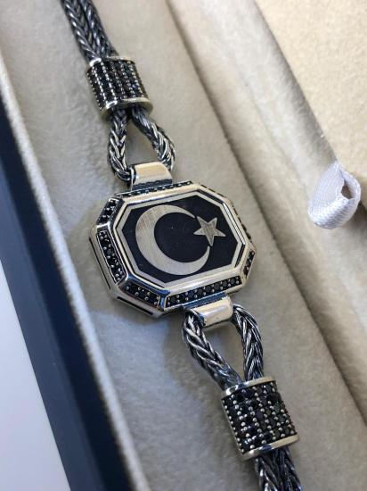 Erkek Gümüş Bileklik - Ay yıldız İşlemeli Tilkikuyruğu Zincirli Erkek Bileklik • Işıklı Kutuda