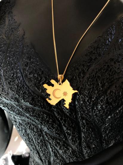 Kadın Erkek Gümüş Kolye - Azerbaycan (AZERBAİJAN) Haritası Bayrağı Gold Renk  Ülke Kolye