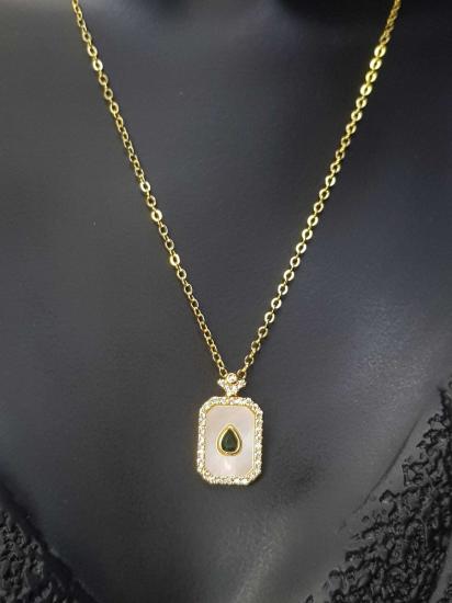 Vog Xuping Model Sedef Taş V Yeşil Damla Taşlı Sevgiliye,Anneye,Arkadaşa Sarı Renk Bijuteri Kolye