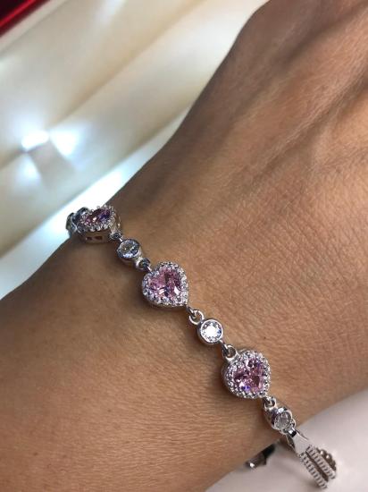 Pembe 3’Lü Kalp Zirconia Taşlı 925 Ayar Gümüş Sevgiliye • Eşe • Anneye • Arkadaşa Hediye Bileklik