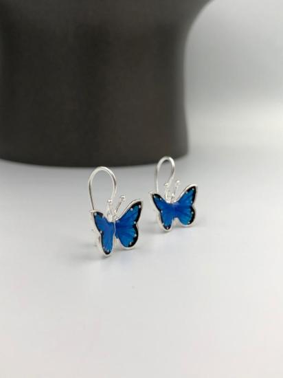 Vog Mavi Mine İşlemeli 925 Ayar Gümüş Sallantı Kelebek Model Hediyelik Çocuk,Bebek Küpesi