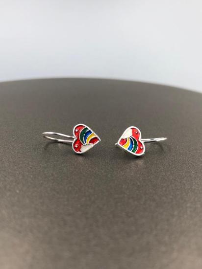 Vog Mine İşlemeli 925 Ayar Gümüş Kalp Gökkuşağı sallantı Model Hediyelik Çocuk,Bebek Küpesi