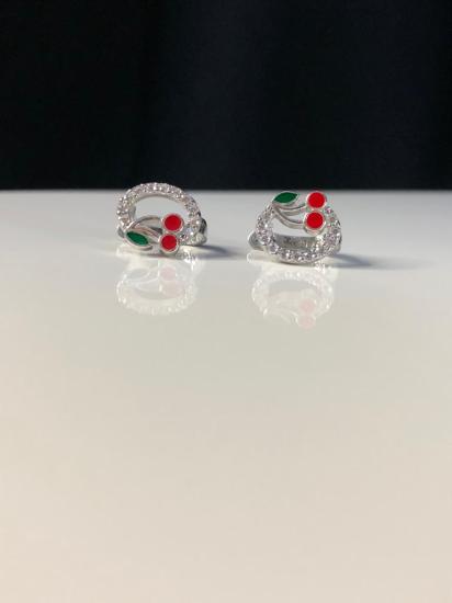 Mine İşlemeli 925 Ayar Gümüş Kiraz v Zirconia Taşlı Model Hediyelik Çocuk,Bebek Küpesi