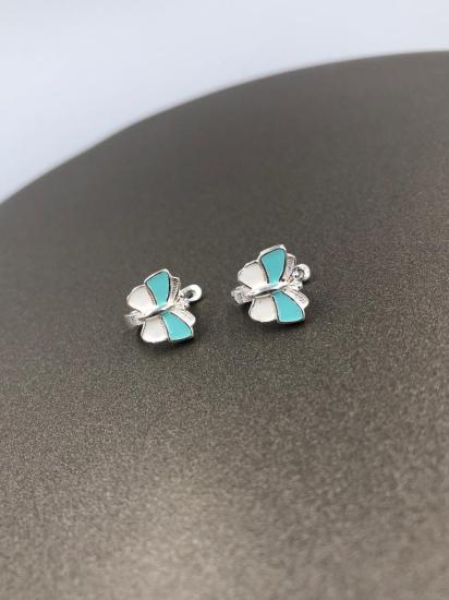 Vog Mavi v Beyaz Mine İşlemeli 925 Ayar Gümüş Kelebek Model Hediyelik Çocuk,Bebek Küpesi