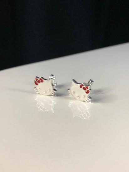 Vog Mine İşlemeli 925 Ayar Gümüş Hello Kitty Kedicik Model Hediyelik Çocuk,Bebek Küpesi