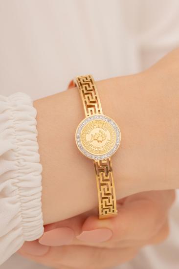 Vog 24 Ayar Altın Kaplama Çelik Greek Desenli Kraliçe Elizabeth Sevgiliye,Anneye,Arkadaşa Kelepçe