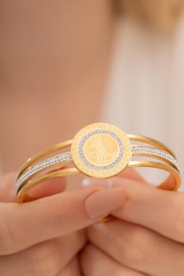 Vog 24 Ayar Altın Kaplama Çelik Taş Detay Tuğralı Model Sevgiliye,Anneye,Arkadaşa Kelepçe