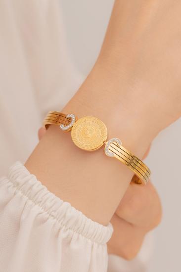 Vog 24 Ayar Altın Kaplama Çeyrek Altın Görünümlü Taş Detaylı Çelik Greek Desenli Kelepçe