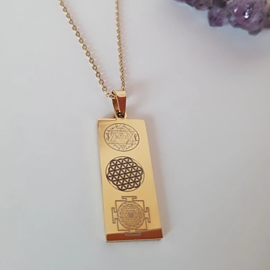 Vog Çift Yönlü Süleyman Mührü, Yaşam Çiçeği, Sri Yantra Ve Sayı Sekansları Çelik Kolye