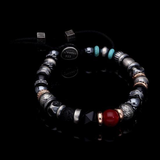 Erkek Gümüş Bileklik - Oksitli Lav & Onxy & Mercan & Hematit Taşlı • Işıklı Kutuda • Sevgiliye • Eşe 