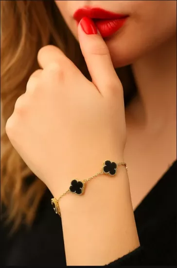 Kadın Erkek Gümüş Bileklik - 4 Yapraklı Yonca 5’li Oniks Taşlı • Işıklı Kutuda Bileklik