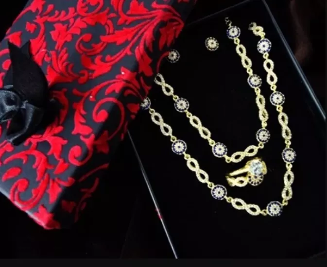 Vog Altın Kaplama Sonsuzluk Temalı Gümüş Gerdanlık-Bileklik-Yüzük-Küpe-Takı-Seti