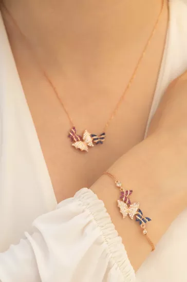 Vog Kadın Gümüş Kolye Bileklik Set - Rose Kelebek Model Gümüş Kolye Bileklik Set
