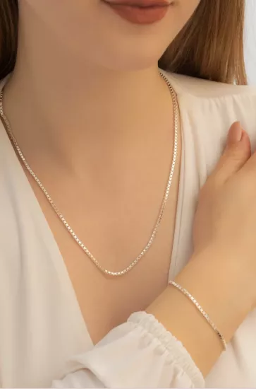 2 mm Küp Zincir Bileklik Set Gümüş • Sevgiliye • Eşe • Babaya • Kolye Bileklik