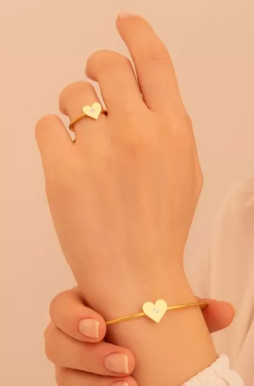 Vog Kadın Gümüş Set - El İşçiliği Altın Kaplama Kalp Motifli Zirkon Taşlı Kadın Set