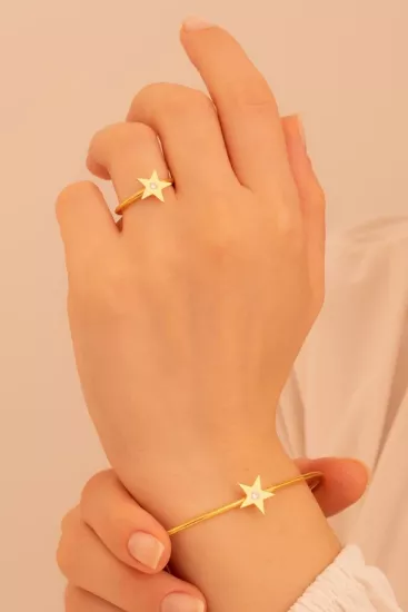 Vog Kadın Gümüş Set - El İşçiliği Altın Kaplama Yıldız Motifli Zirkon Taşlı Kadın Set