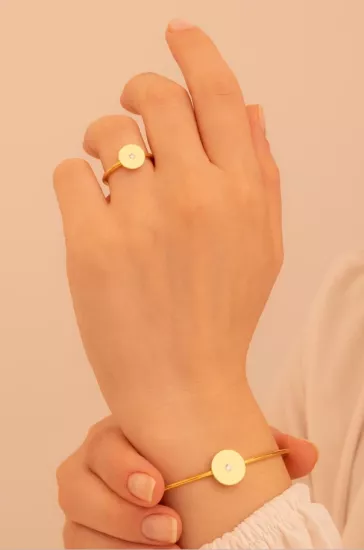 Vog Kadın Gümüş Set - El İşçiliği Altın Kaplama Yuvarlak Motifli Zirkon Taşlı Kadın Set