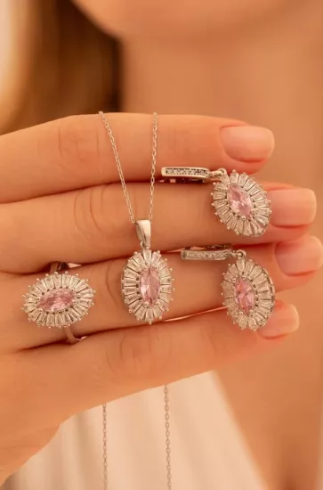 Vog Kadın Gümüş Set - Mekik Model Pembe Zirkon Taşlı Baget Süslemeli Rodyumlu Kadın Set