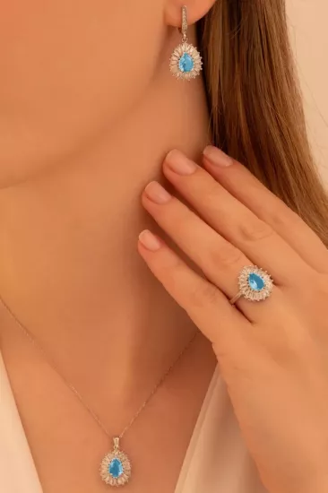 Vog Kadın Gümüş Set - Damla Model Mavi Topaz Taşlı Baget Süslemeli Rodyumlu Kadın Set