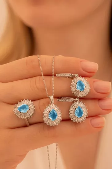 Vog Kadın Gümüş Set - Damla Model Mavi Topaz Taşlı Baget Süslemeli Rodyumlu Kadın Set