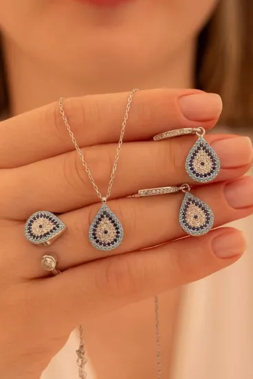 Vog Kadın Gümüş Set - Damla Model Nazar Boncuğu Motifli Kadın Set