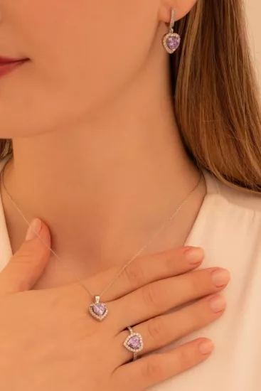 Vog Kadın Gümüş Set - Kalp Model Ametist Taşlı Zirkon Süslemeli Rodyumlu Kadın Set