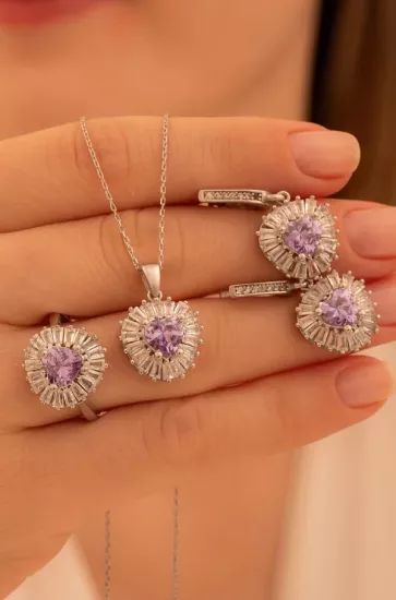 Vog Kadın Gümüş Set - Kalp Model Ametist Taşlı Baget Süslemeli Rodyumlu Kadın Set
