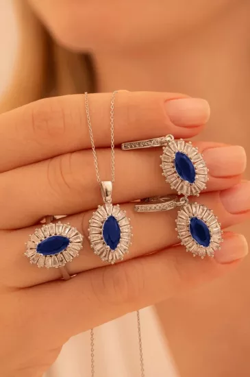 Vog Kadın Gümüş Set - Mekik Model Safir Taşlı Baget Süslemeli Rodyumlu Kadın Set
