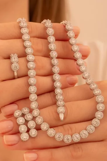 Vog Kadın Gümüş Takı Seti - Serap Yuvarlak Model Zirkon Taşlı Kolye, Bileklik, Yüzük, Küpe Tam Set