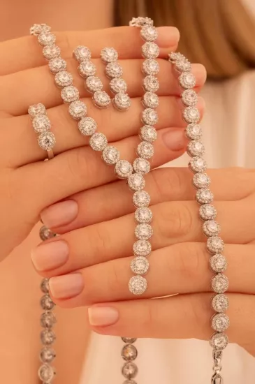 Vog Kadın Gümüş Takı Seti - Şahmeran Yuvarlak Model Zirkon Taşlı Kolye, Bileklik, Yüzük, Küpe Tam Set