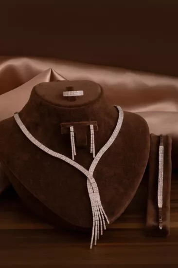 Vog Kadın Gümüş Takı Seti - Sedef Zirkon Taşlı Kolye, Bileklik, Yüzük, Küpe Tam Set