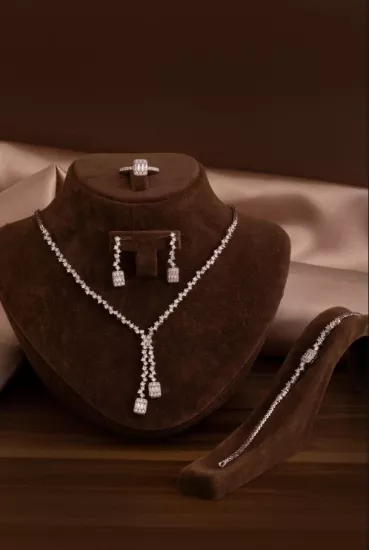 Vog Kadın Gümüş Takı Seti - Nazlı Baget Zirkon Taşlı Kolye, Bileklik, Yüzük, Küpe Tam Set