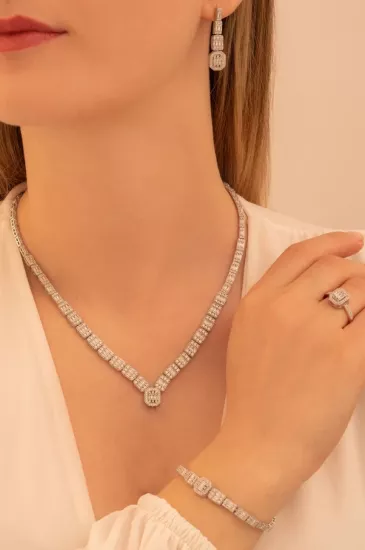 Vog Kadın Gümüş Takı Seti - Berlin Baget Taşlı Kolye, Bileklik, Yüzük, Küpe Tam Set