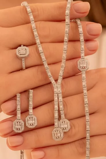 Vog Kadın Gümüş Takı Seti - Merlin Baget Taşlı Kolye, Bileklik, Yüzük, Küpe Tam Set