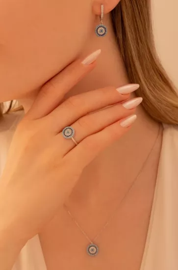 Vog Kadın Gümüş Set - Yuvarlak Model Nazar Boncuğu Motifli Kadın Set