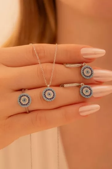 Vog Kadın Gümüş Set - Yuvarlak Model Nazar Boncuğu Motifli Kadın Set