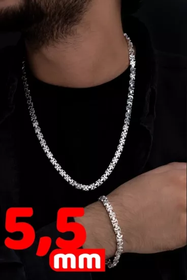 5.5mm Parlak Euro Kral Model Gümüş Set • Işıklı Kutuda Sevgiliye • Eşe • Babaya Bileklik Kolye Set