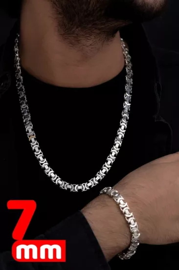 7mm Parlak Euro Kral Model Gümüş Set • Işıklı Kutuda Sevgiliye • Eşe • Babaya Bileklik Kolye Set