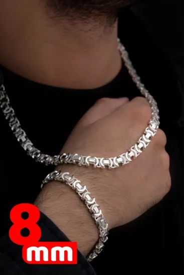 8mm Parlak Euro Kral Model Gümüş Set • Işıklı Kutuda Sevgiliye • Eşe • Babaya Bileklik Kolye Set