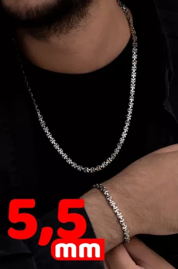 5.5mm Oksitli Euro Kral Model Gümüş Set • Işıklı Kutuda Sevgiliye • Eşe • Babaya Bileklik Kolye Set