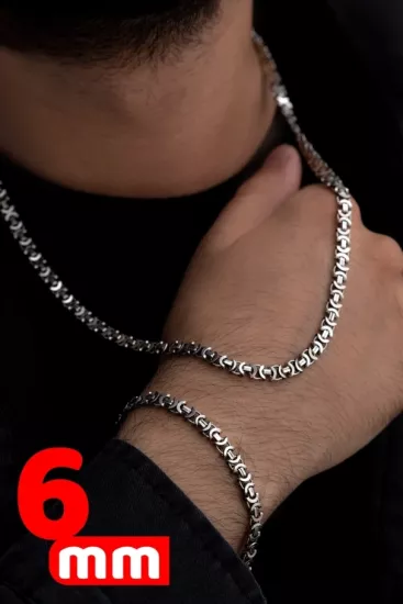 6mm Oksitli Euro Kral Model Gümüş Set • Işıklı Kutuda Sevgiliye • Eşe • Babaya Bileklik Kolye Set