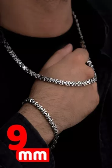 9mm Oksitli Euro Kral Model Gümüş Set • Işıklı Kutuda Sevgiliye • Eşe • Babaya Bileklik Kolye Set