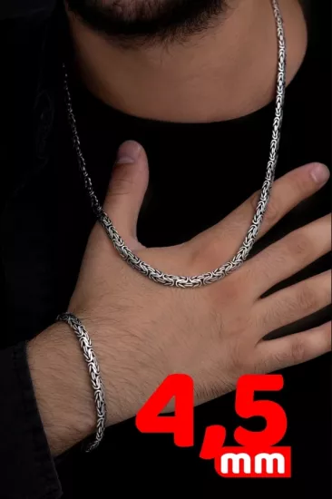 4.5mm Yassı Ezme Kral Model Set 925 Gümüş • Işıklı Kutuda Sevgiliye • Eşe Erkek Kolye Bileklik Set