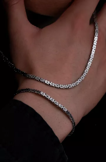 4 mm Dikdörtgen Kesim Yassı Kral Gümüş Set • Işıklı Kutuda • Sevgiliye • Eşe Bileklik Kolye