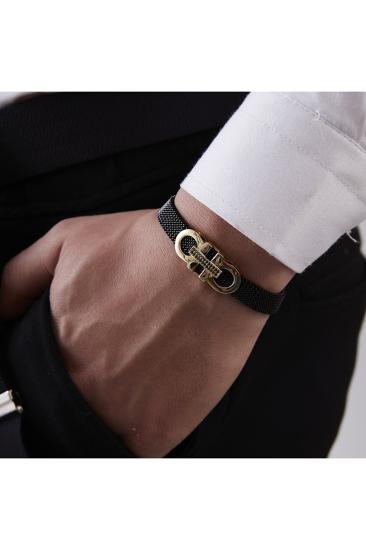 Vog Siyah Esnek Çelik V Sarı Gümüş Kelepçe Dizayn Sevgiliye,Babaya,Arkadaşa Erkek Bileklik