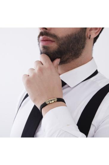 Vog Esnek Çelik V Sarı Gümüş Siyah Oniks Taşlı Hediyelik Sevgiliye,Babaya,Arkadaşa Elastik Bileklik