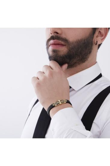 Vog Esnek Çelik V Sarı Gümüş Siyah Oniks Taşlı Hediyelik Sevgiliye,Babaya,Arkadaşa Elastik Bileklik